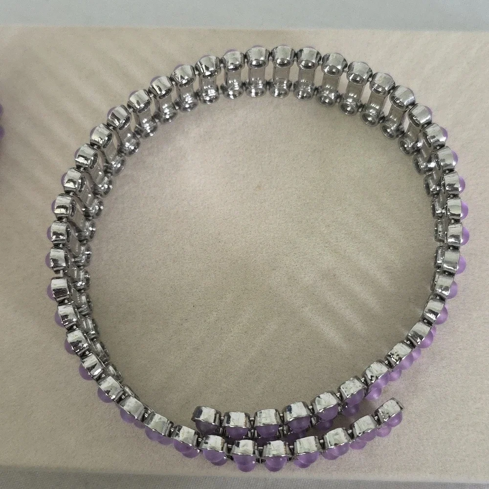 Silver and Purple Flexible Choker Necklace with Matching Open Cuff Bracelet